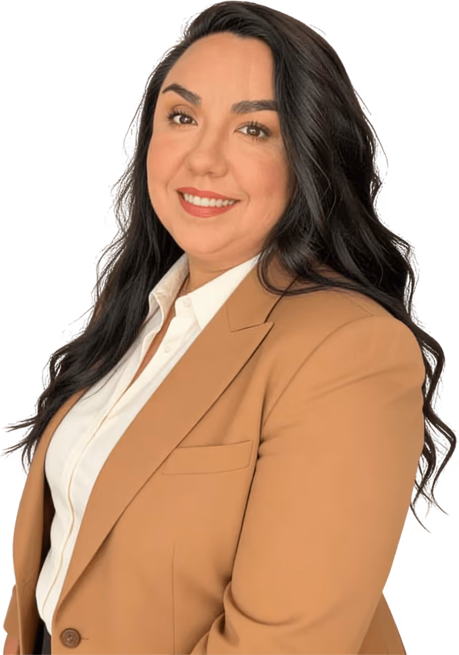 Nathaly Glass, contadora profesional y fundadora de Numbers and Balance, sonriendo con un blazer camel